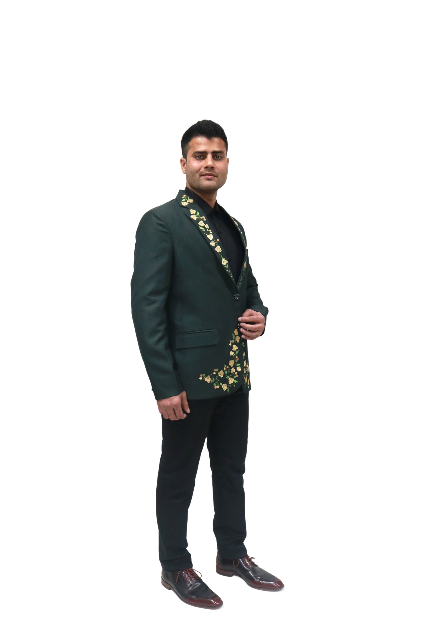 Hand Embroidered Bottle green colour Terry rayon blended blazer, made with high quality Terry rayon blended fabric and hand embroidered