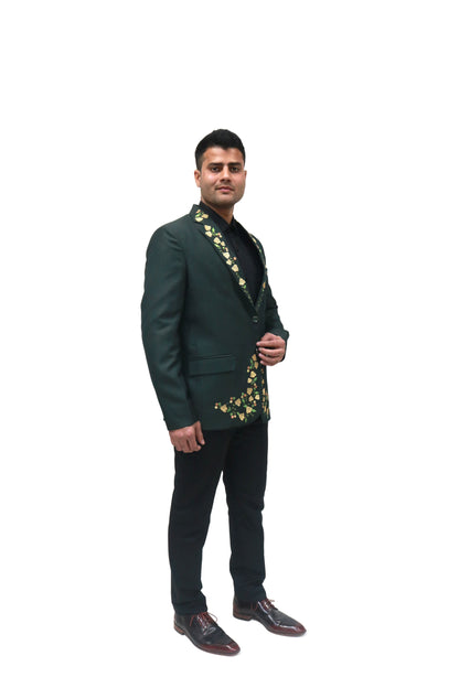 Hand Embroidered Bottle green colour Terry rayon blended blazer, made with high quality Terry rayon blended fabric and hand embroidered