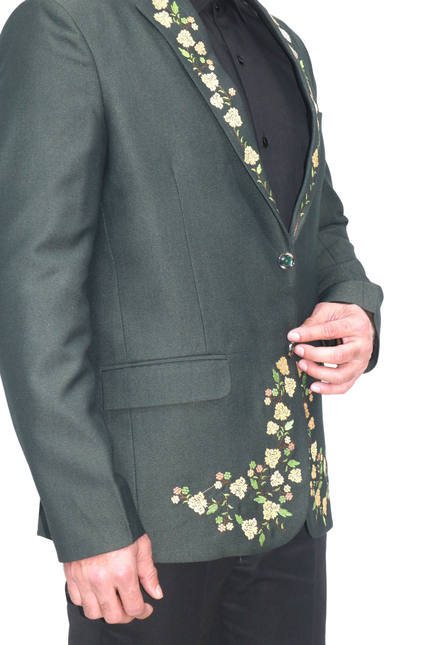 Hand Embroidered Bottle green colour Terry rayon blended blazer, made with high quality Terry rayon blended fabric and hand embroidered