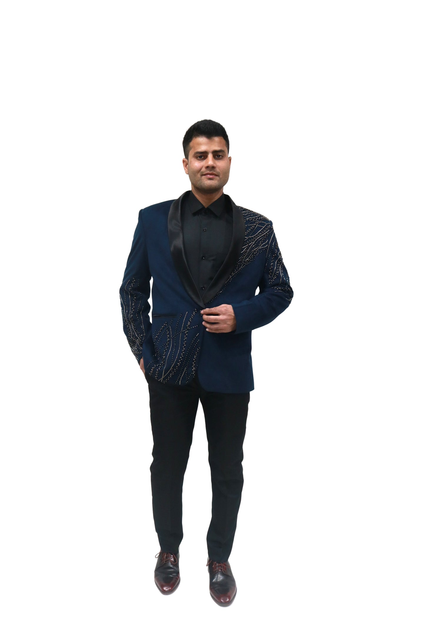 Hand Embroidered Blue velvet blazer, made with high quality soft velvet and hand embroidered with high quality beads.