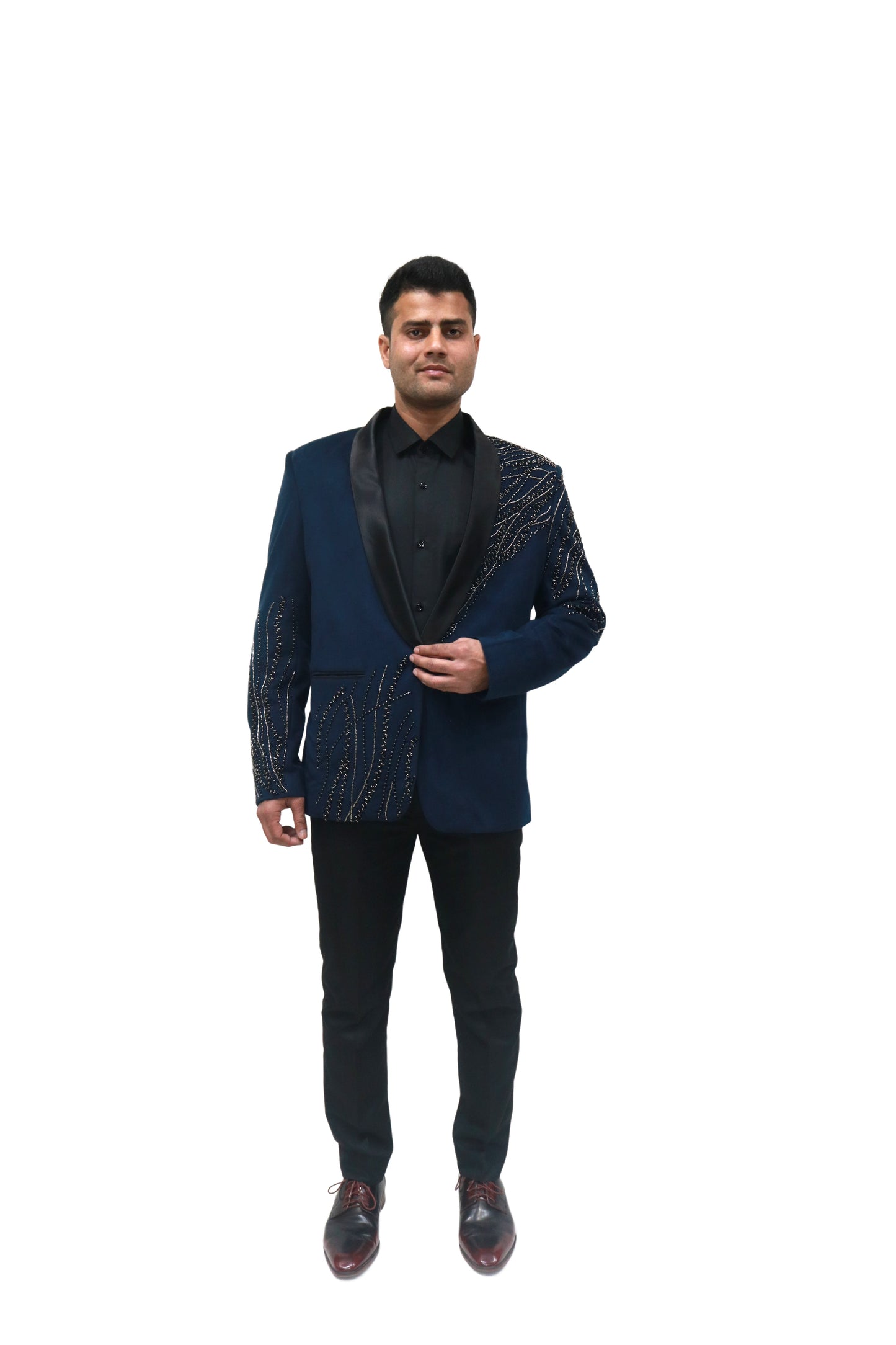 Hand Embroidered Blue velvet blazer, made with high quality soft velvet and hand embroidered with high quality beads.