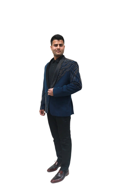 Hand Embroidered Blue velvet blazer, made with high quality soft velvet and hand embroidered with high quality beads.