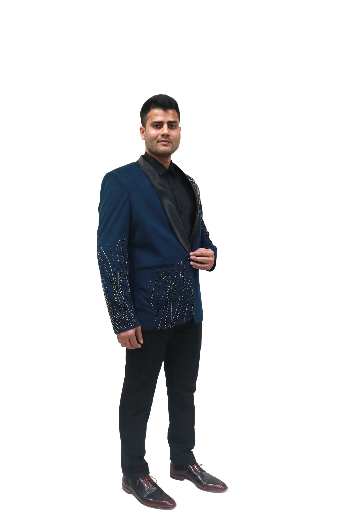 Hand Embroidered Blue velvet blazer, made with high quality soft velvet and hand embroidered with high quality beads.