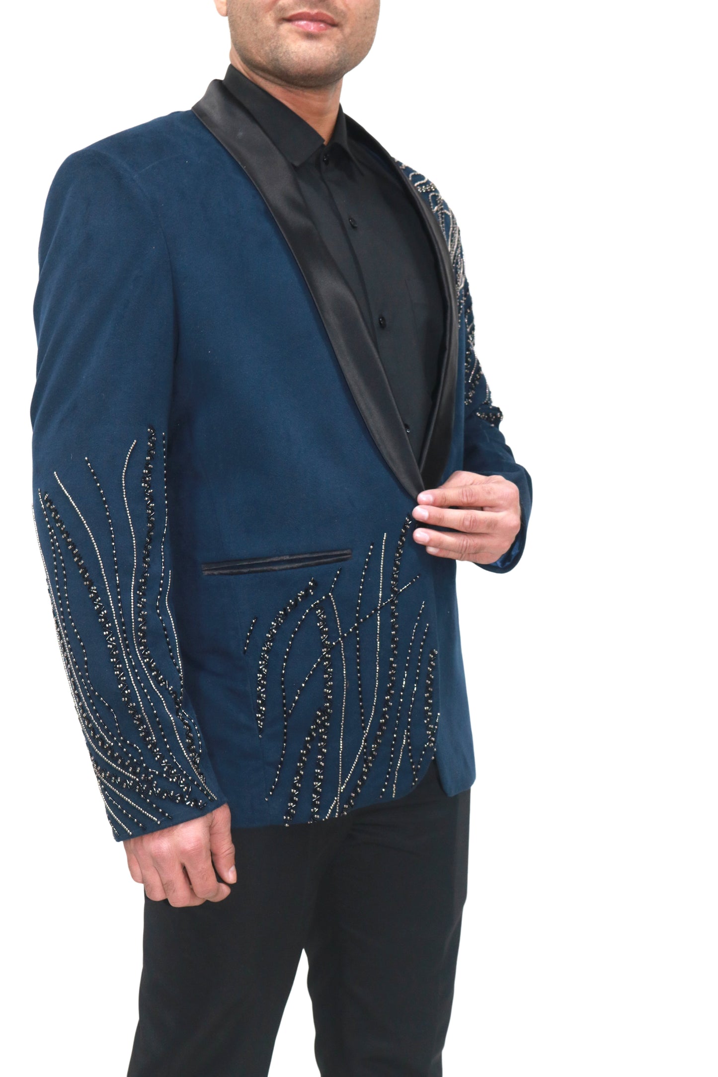 Hand Embroidered Blue velvet blazer, made with high quality soft velvet and hand embroidered with high quality beads.
