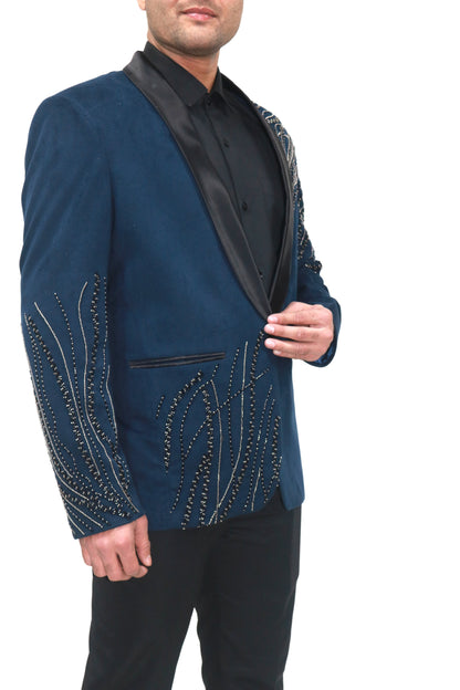 Hand Embroidered Blue velvet blazer, made with high quality soft velvet and hand embroidered with high quality beads.