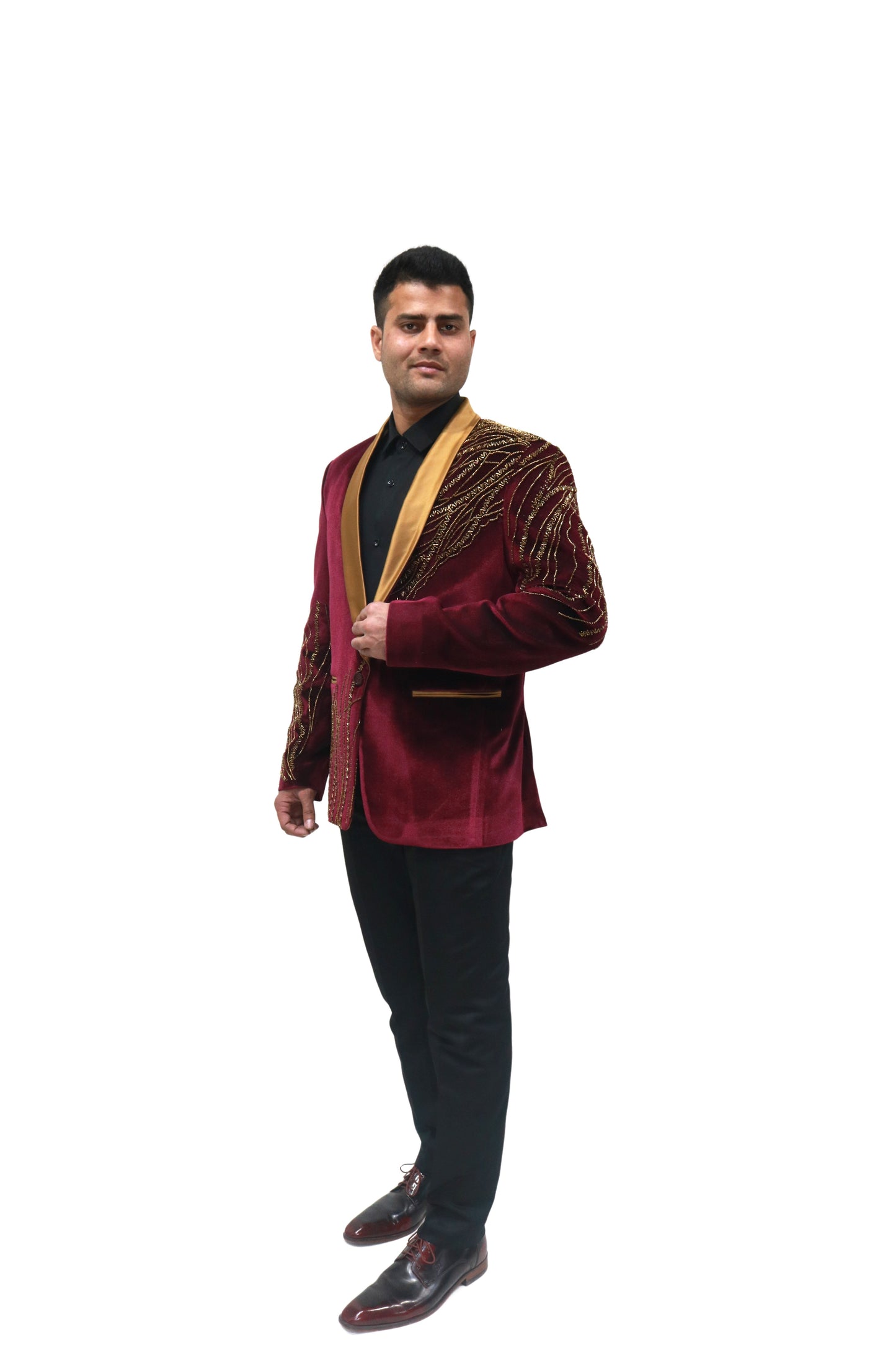 Hand Embroidered Maroon velvet blazer, made with high quality soft velvet and hand embroidered with high quality beads