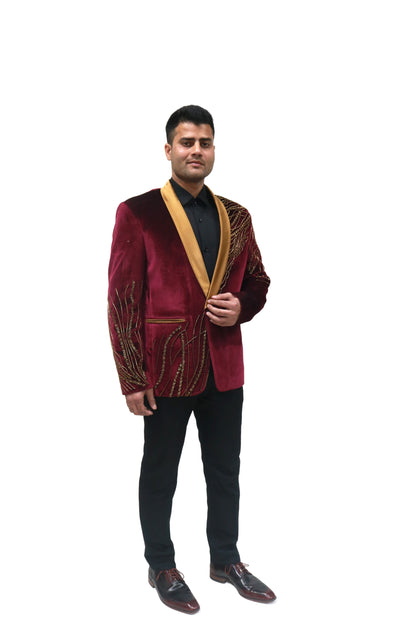 Hand Embroidered Maroon velvet blazer, made with high quality soft velvet and hand embroidered with high quality beads