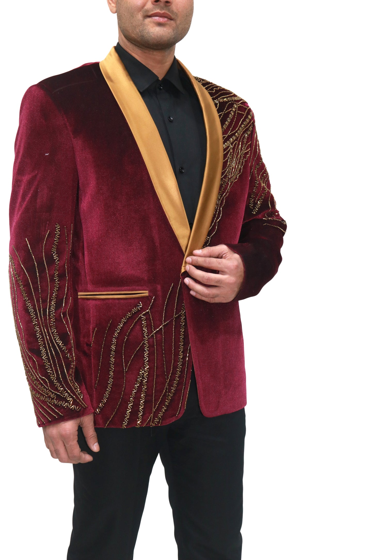 Hand Embroidered Maroon velvet blazer, made with high quality soft velvet and hand embroidered with high quality beads