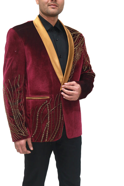 Hand Embroidered Maroon velvet blazer, made with high quality soft velvet and hand embroidered with high quality beads
