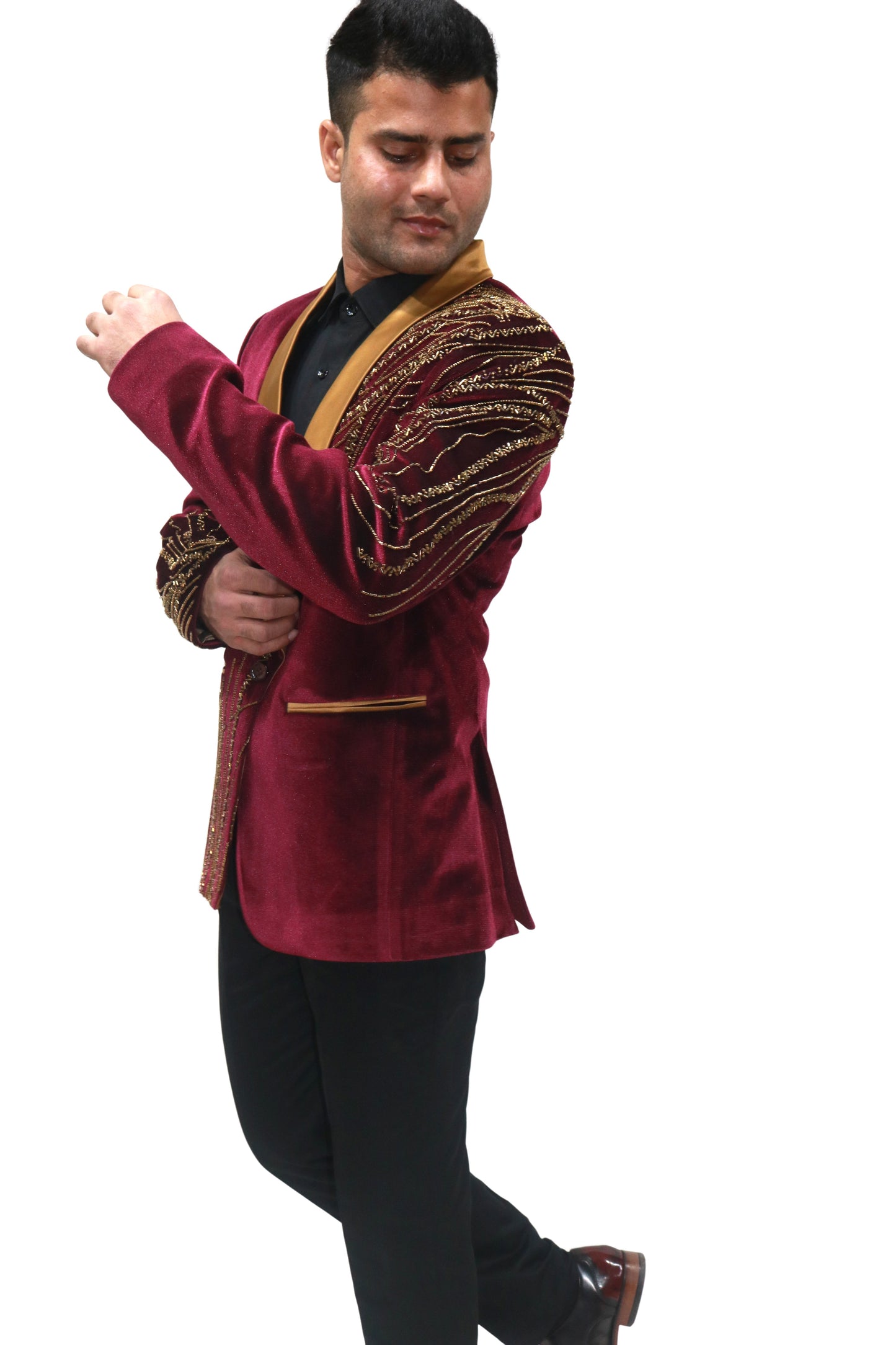 Hand Embroidered Maroon velvet blazer, made with high quality soft velvet and hand embroidered with high quality beads