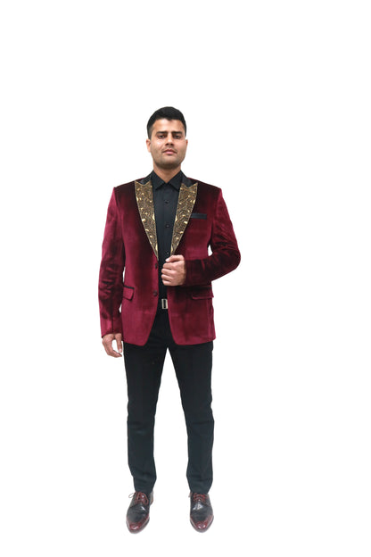 Embroidered Maroon velvet blazer, made with high quality soft velvet and hand embroidered with high quality beads