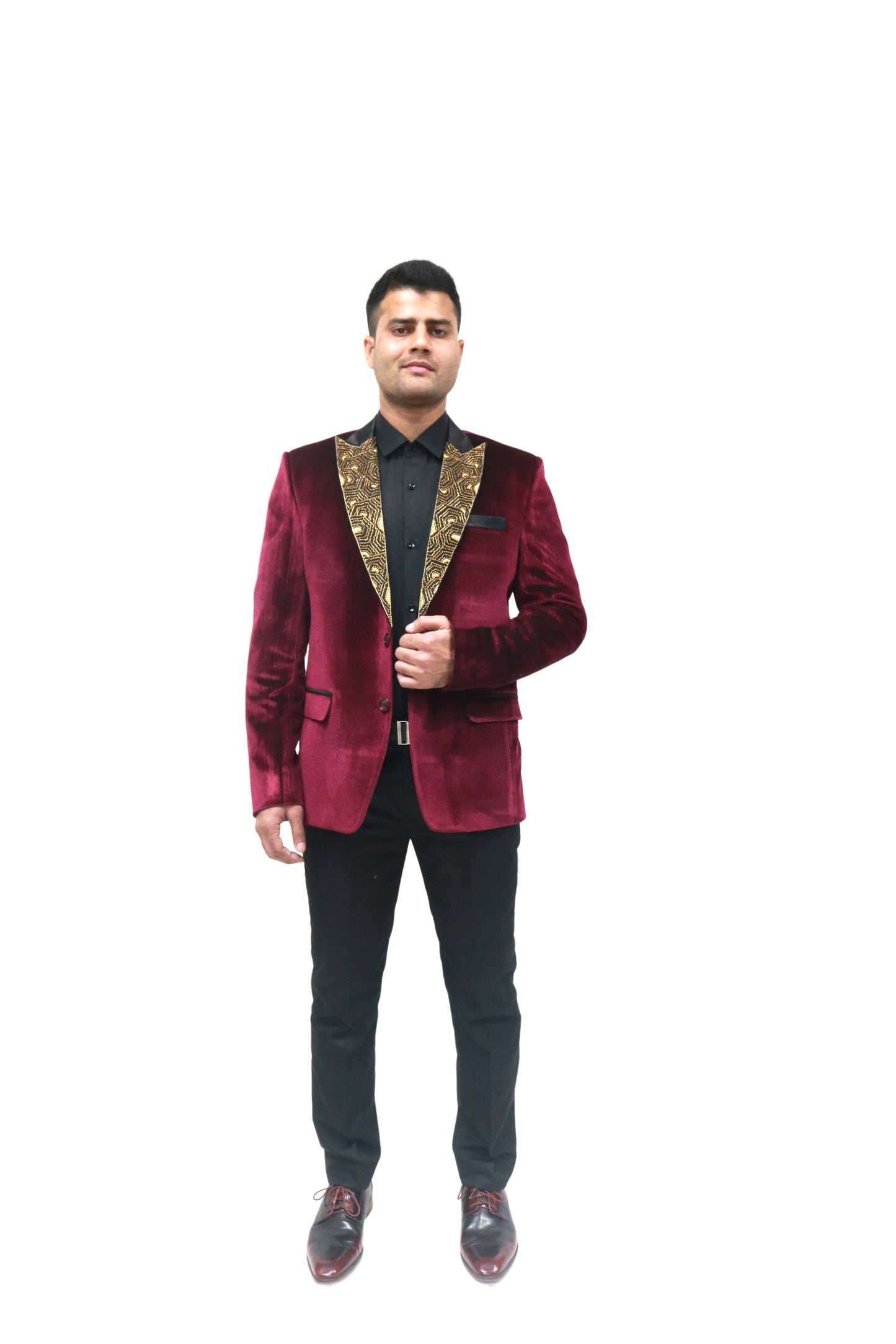 Embroidered Maroon velvet blazer, made with high quality soft velvet and hand embroidered with high quality beads