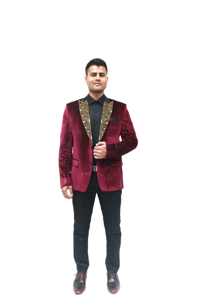 Embroidered Maroon velvet blazer, made with high quality soft velvet and hand embroidered with high quality beads