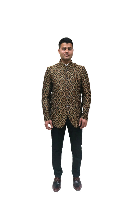 Handmade Men's Black & Brown Jaquard Silk Jacket