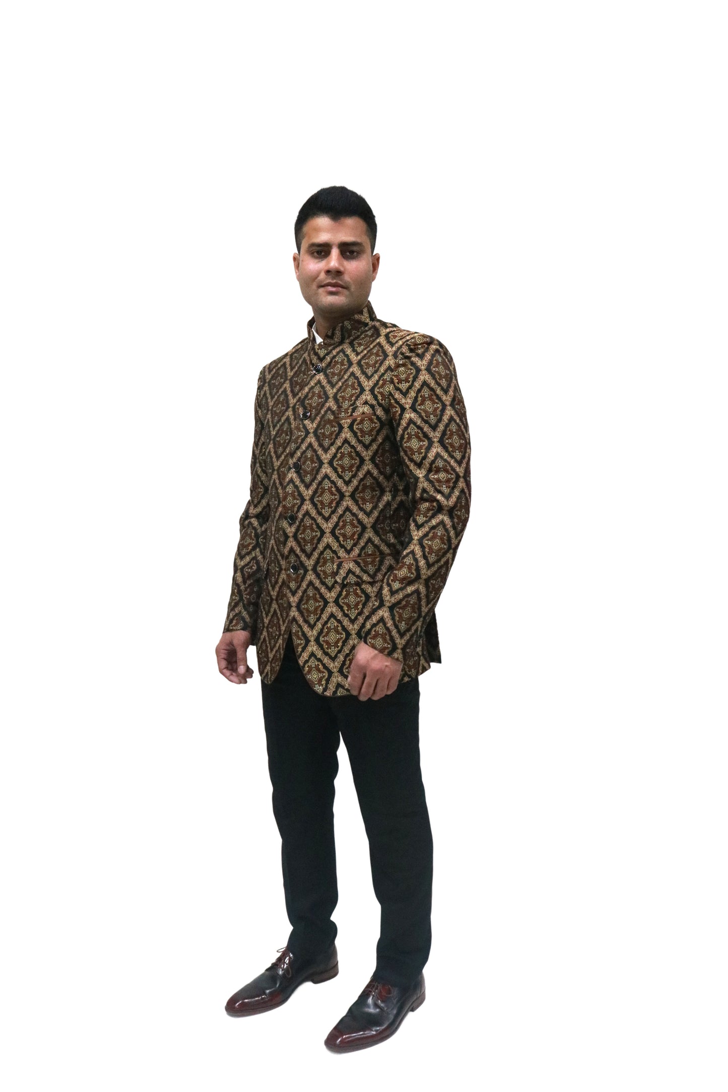 Handmade Men's Black & Brown Jaquard Silk Jacket