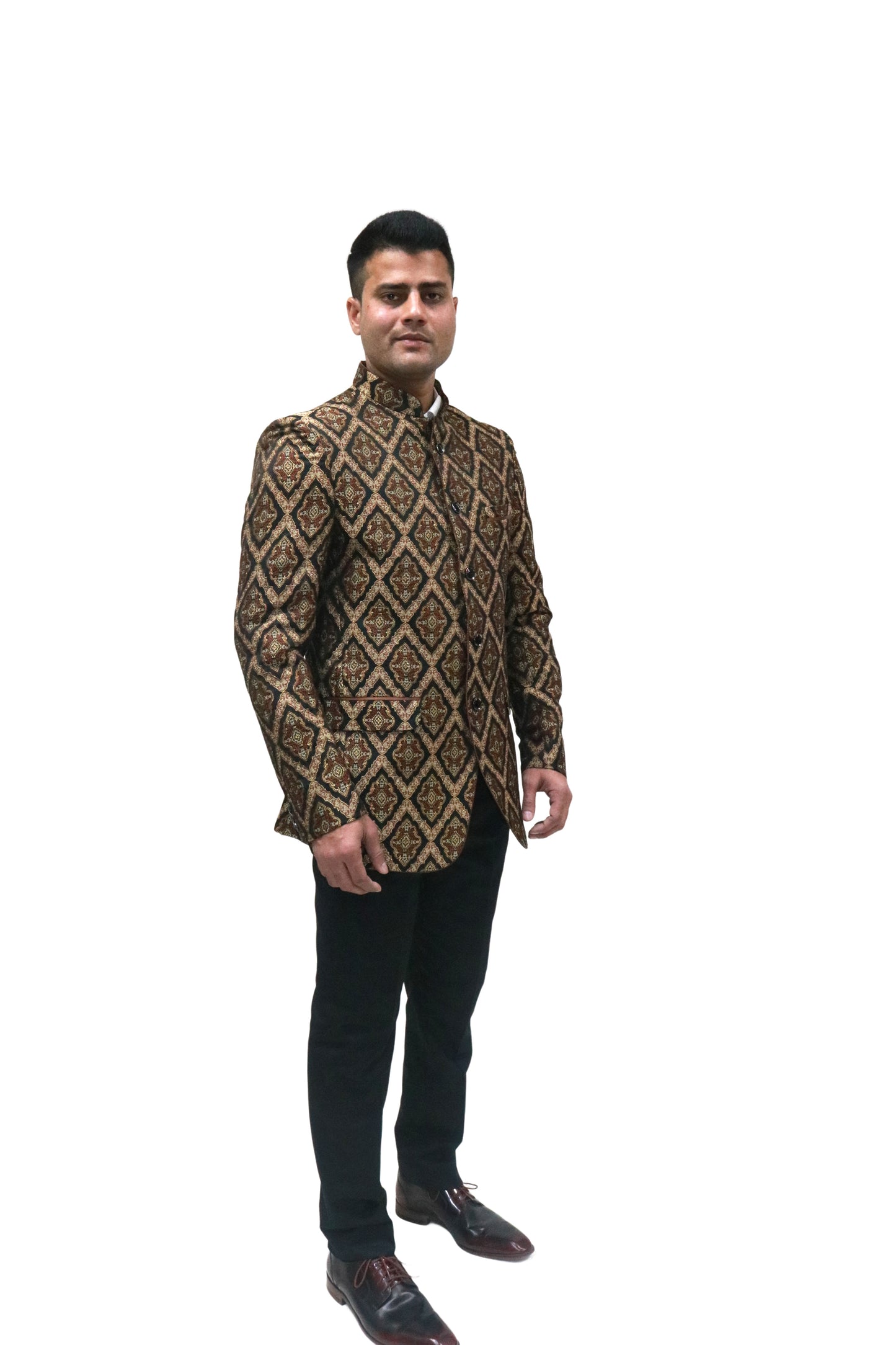 Handmade Men's Black & Brown Jaquard Silk Jacket