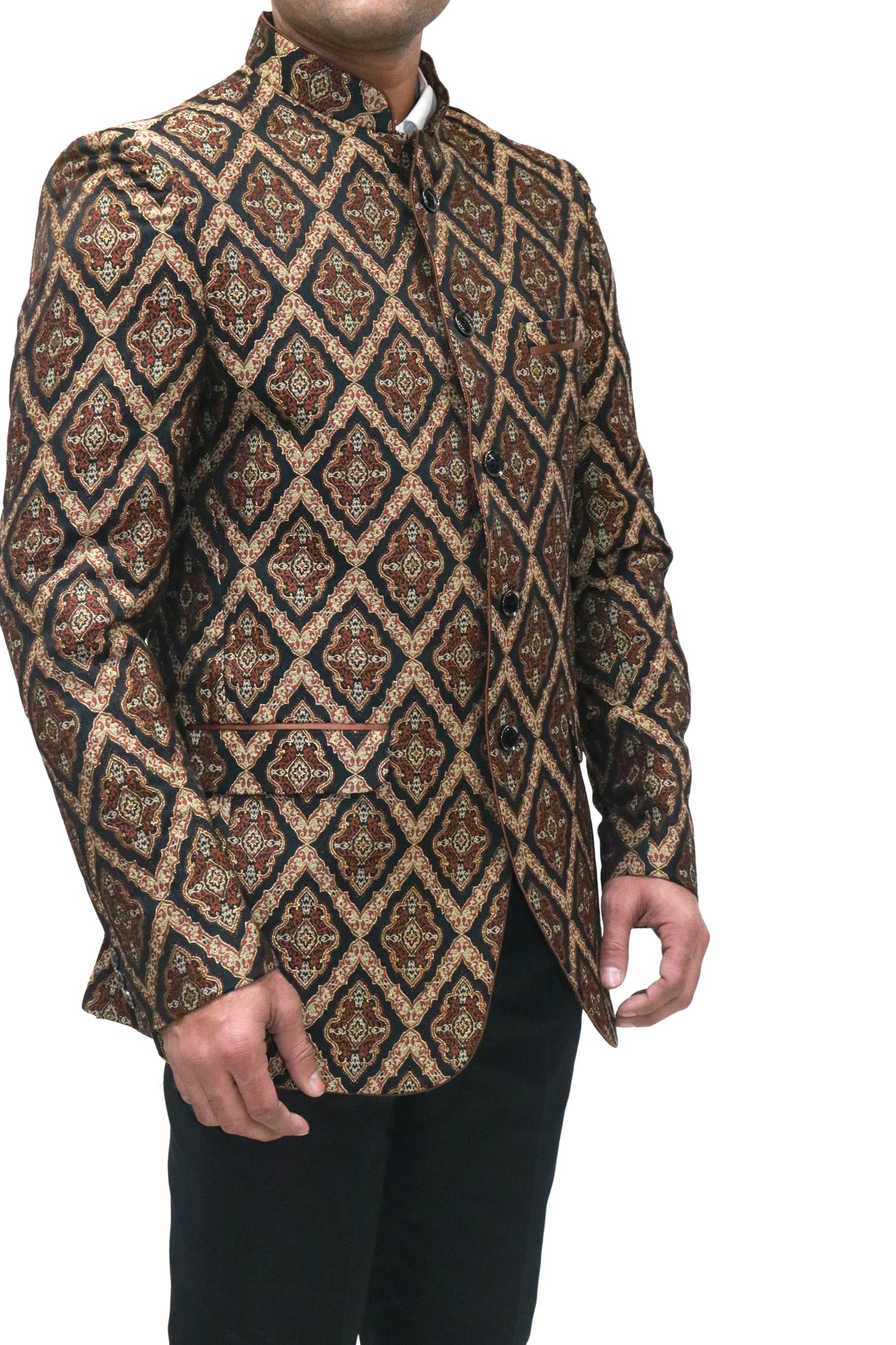 Handmade Men's Black & Brown Jaquard Silk Jacket