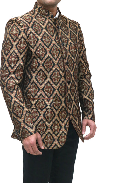 Handmade Men's Black & Brown Jaquard Silk Jacket