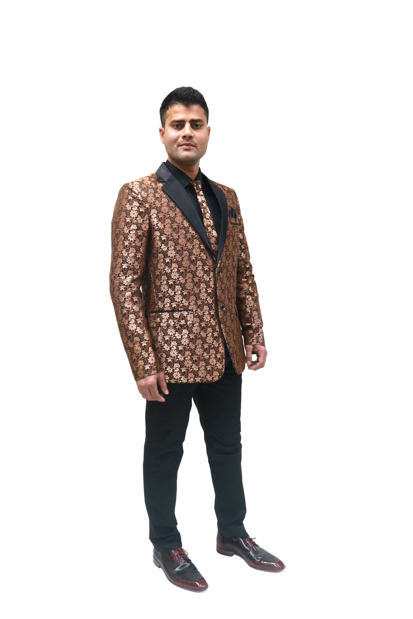 Ron Tomson Metallic Foil ShiVBer Tuxedo Jacket in Cobalt Brown