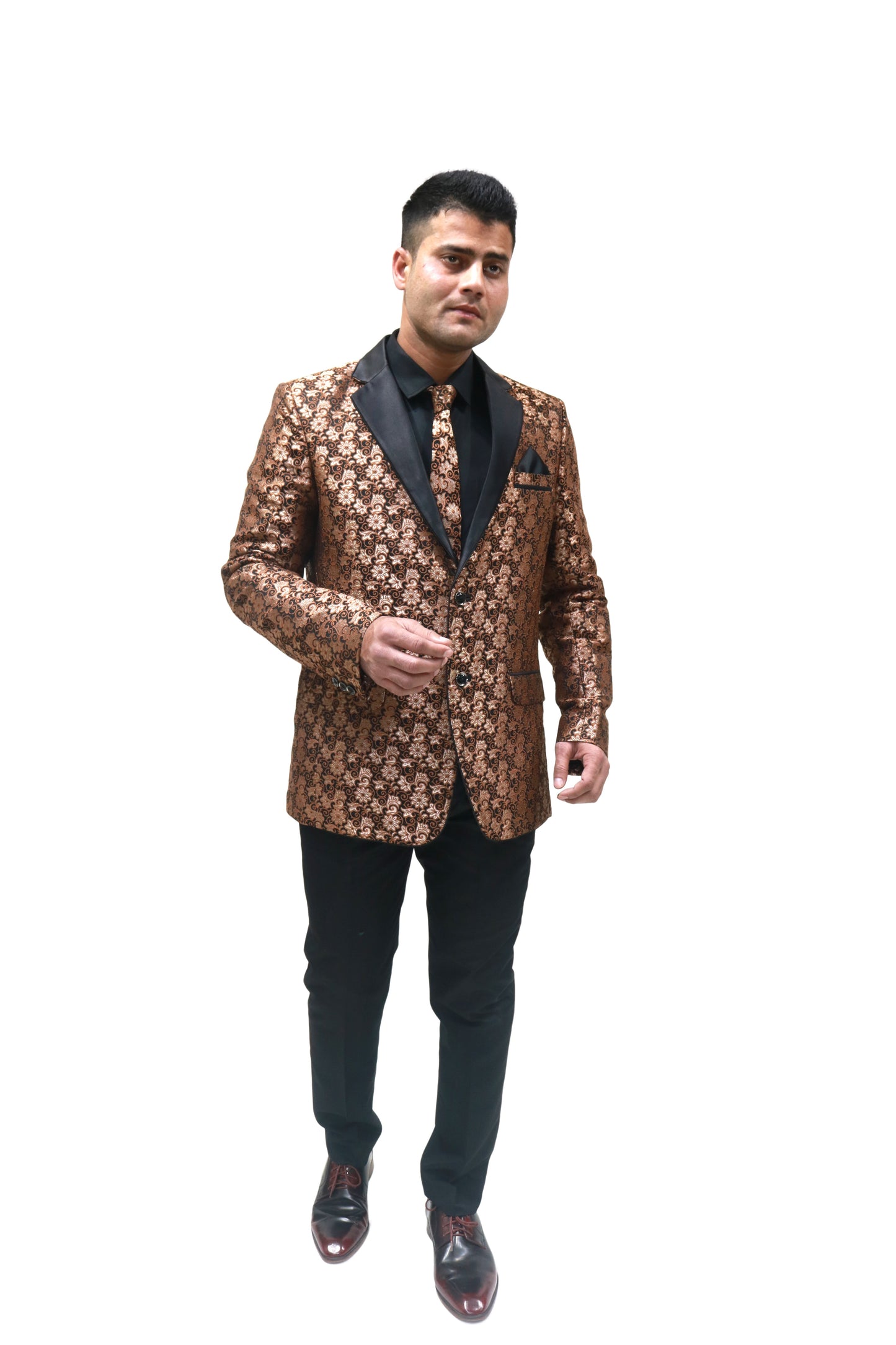 Ron Tomson Metallic Foil ShiVBer Tuxedo Jacket in Cobalt Brown