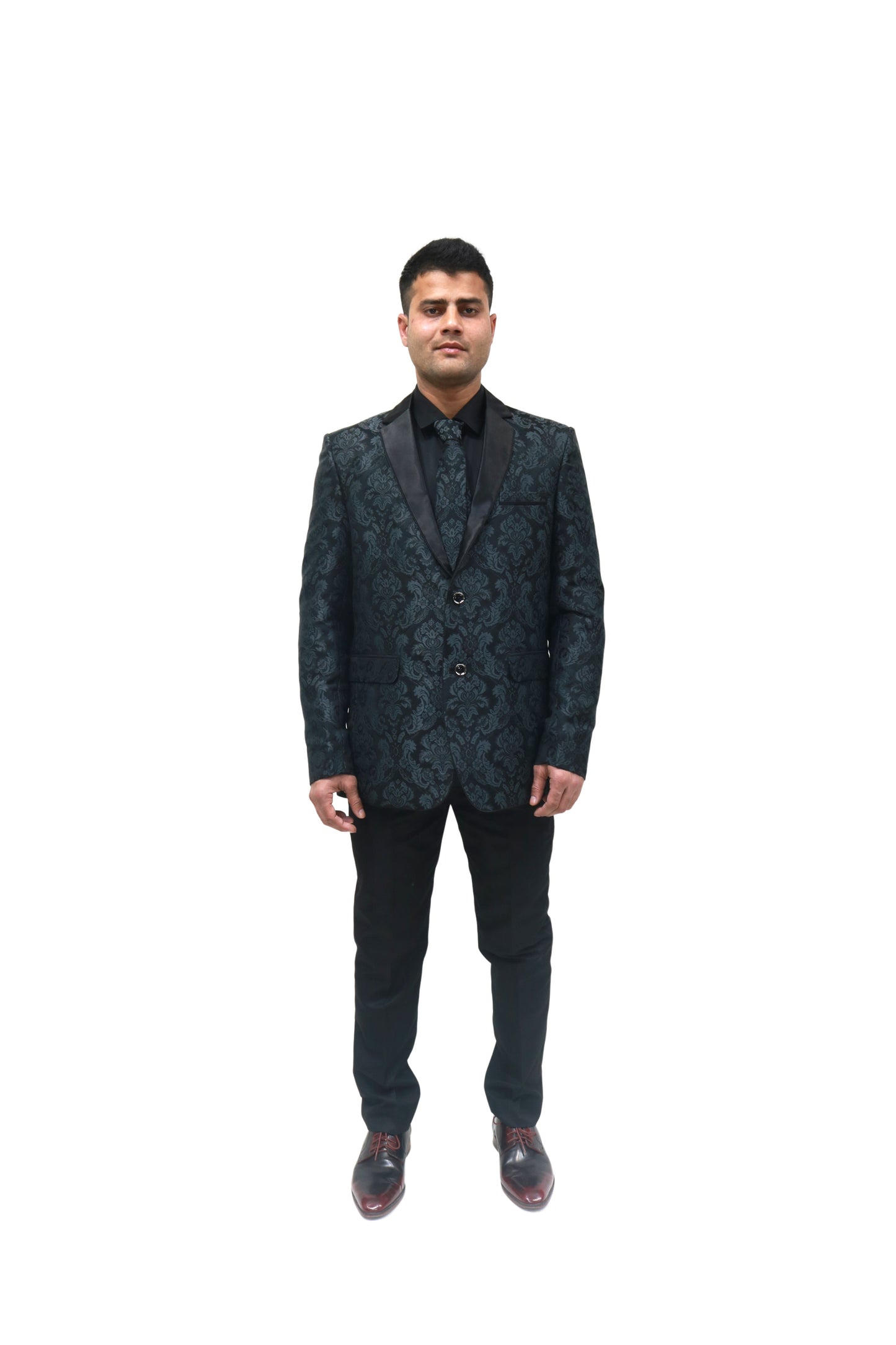 Men's Classic Black Jacquard Tuxedo with Satin Lapels - Formal Wear Suit