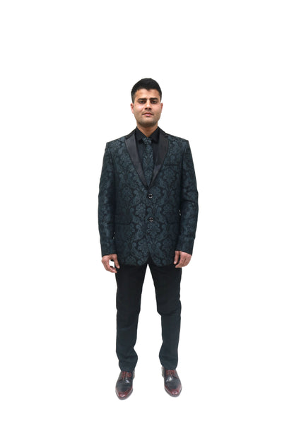 Men's Classic Black Jacquard Tuxedo with Satin Lapels - Formal Wear Suit