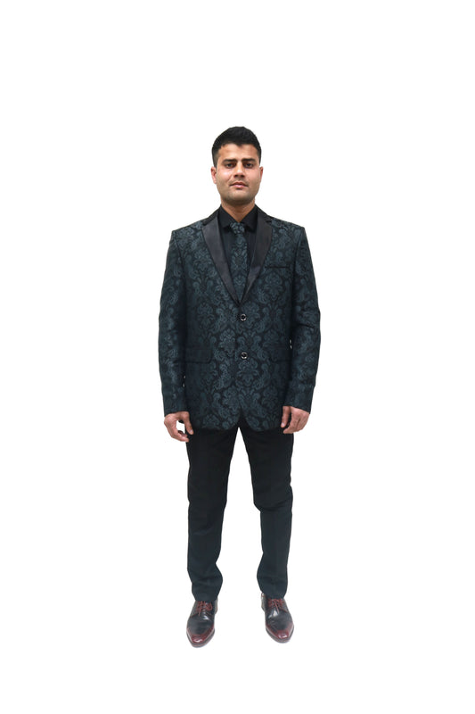 Men's Classic Black Jacquard Tuxedo with Satin Lapels - Formal Wear Suit
