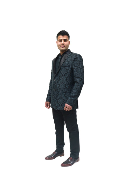 Men's Classic Black Jacquard Tuxedo with Satin Lapels - Formal Wear Suit