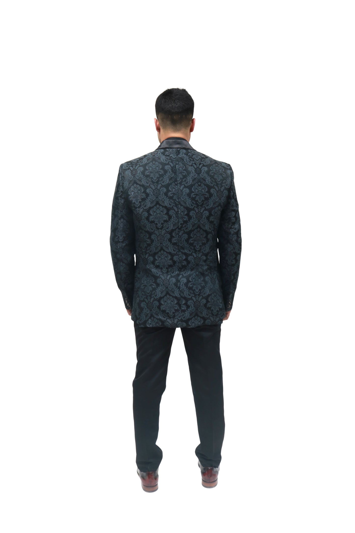 Men's Classic Black Jacquard Tuxedo with Satin Lapels - Formal Wear Suit