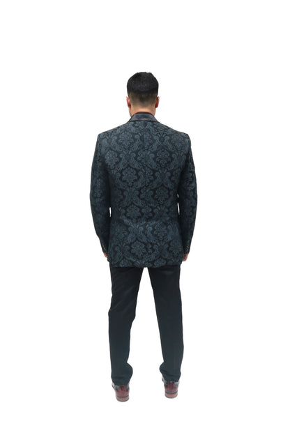 Men's Classic Black Jacquard Tuxedo with Satin Lapels - Formal Wear Suit