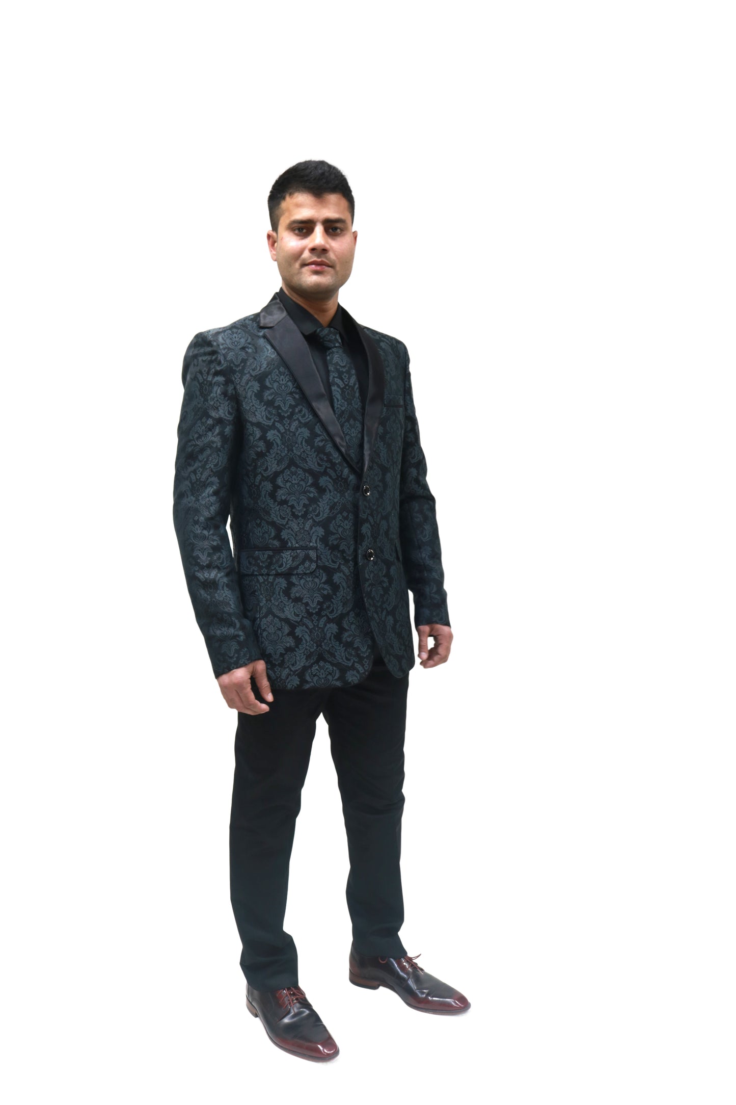 Men's Classic Black Jacquard Tuxedo with Satin Lapels - Formal Wear Suit