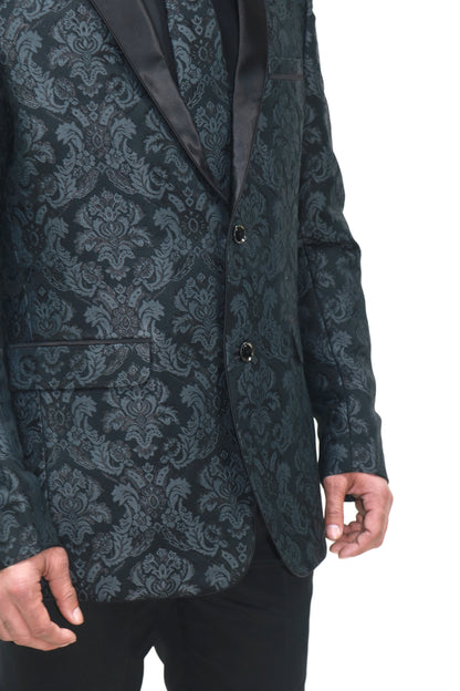 Men's Classic Black Jacquard Tuxedo with Satin Lapels - Formal Wear Suit