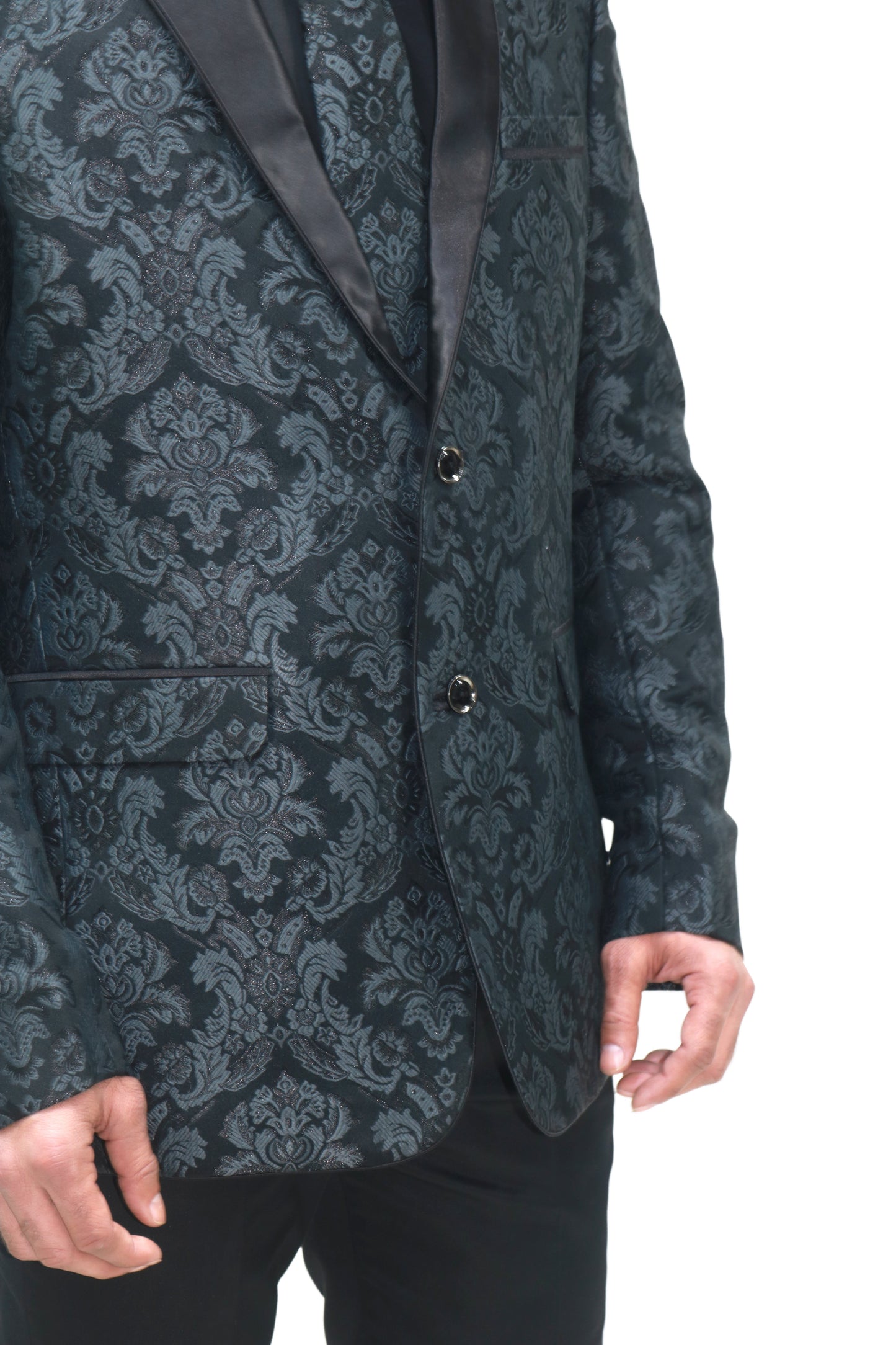 Men's Classic Black Jacquard Tuxedo with Satin Lapels - Formal Wear Suit