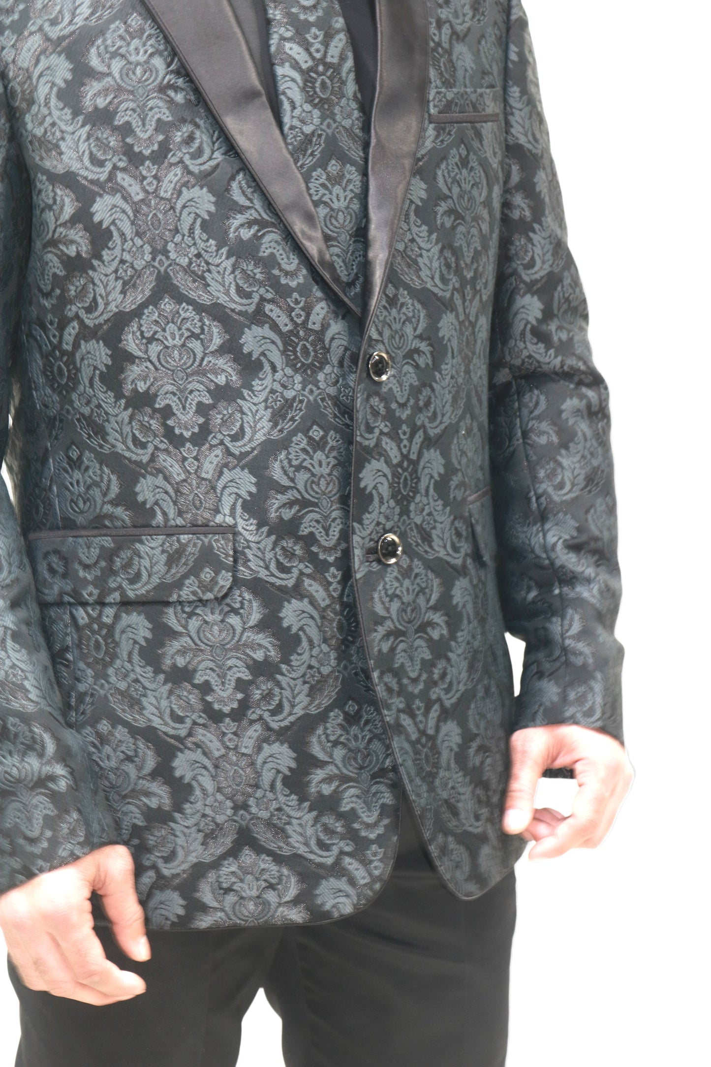 Men's Classic Black Jacquard Tuxedo with Satin Lapels - Formal Wear Suit