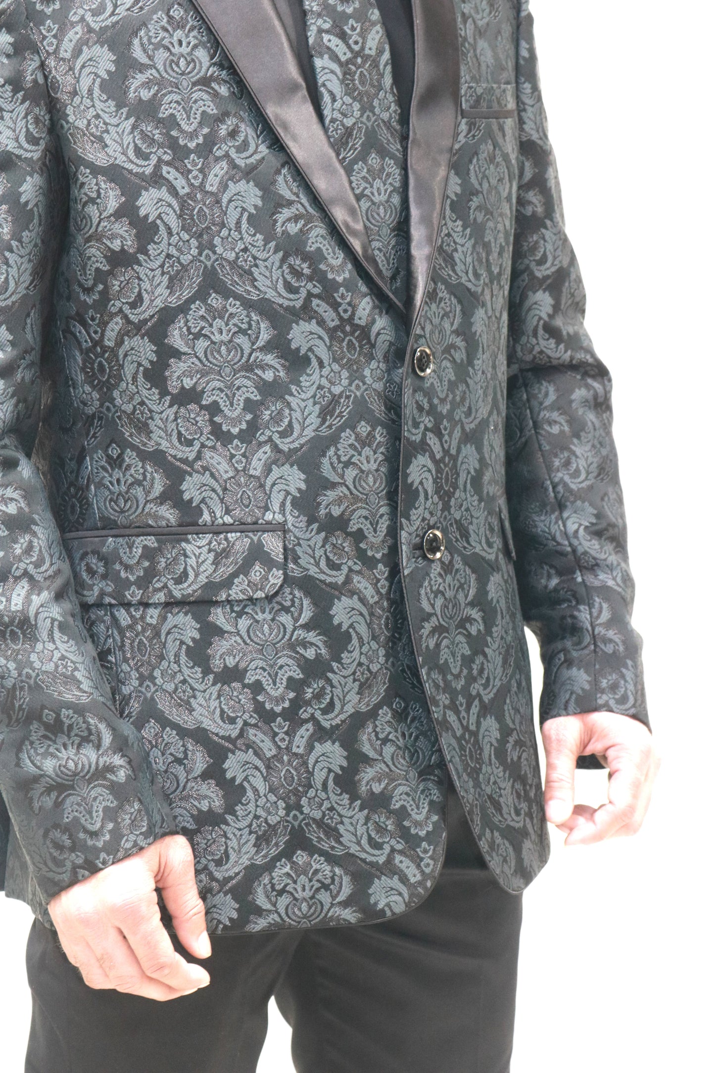 Men's Classic Black Jacquard Tuxedo with Satin Lapels - Formal Wear Suit