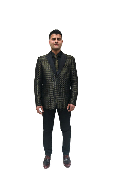 Men's Black & Gold Printed Tuxedo with Satin Lapels - Party Wear Suit