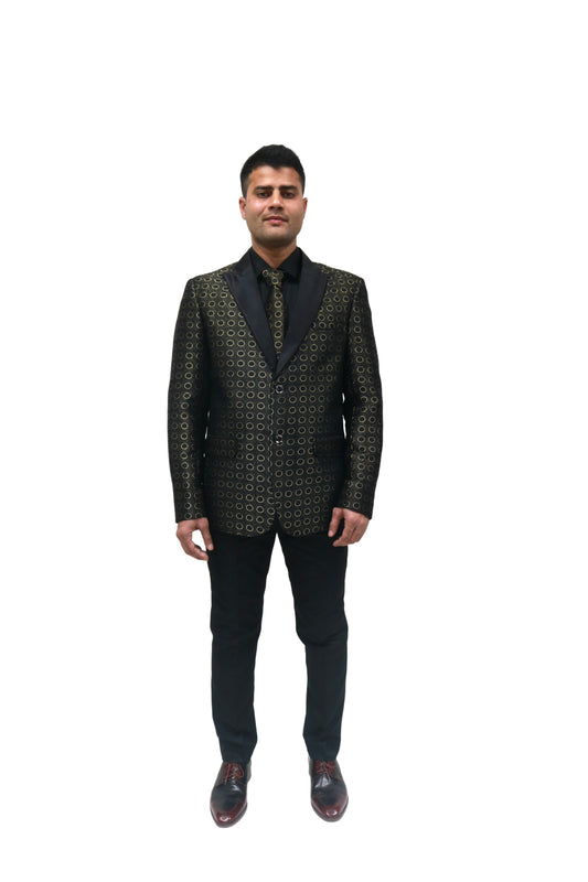 Men's Black & Gold Printed Tuxedo with Satin Lapels - Party Wear Suit