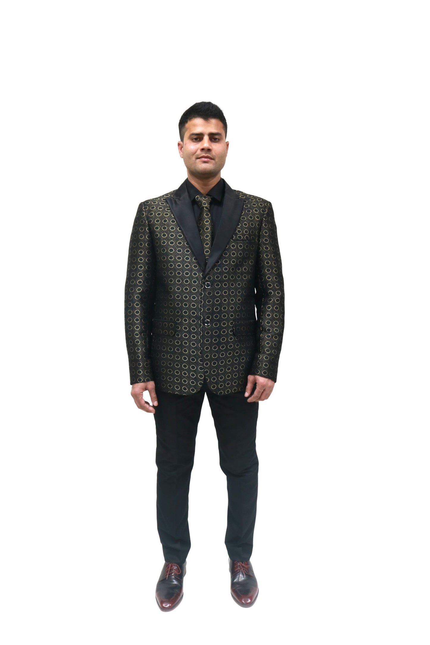 Men's Black & Gold Printed Tuxedo with Satin Lapels - Party Wear Suit