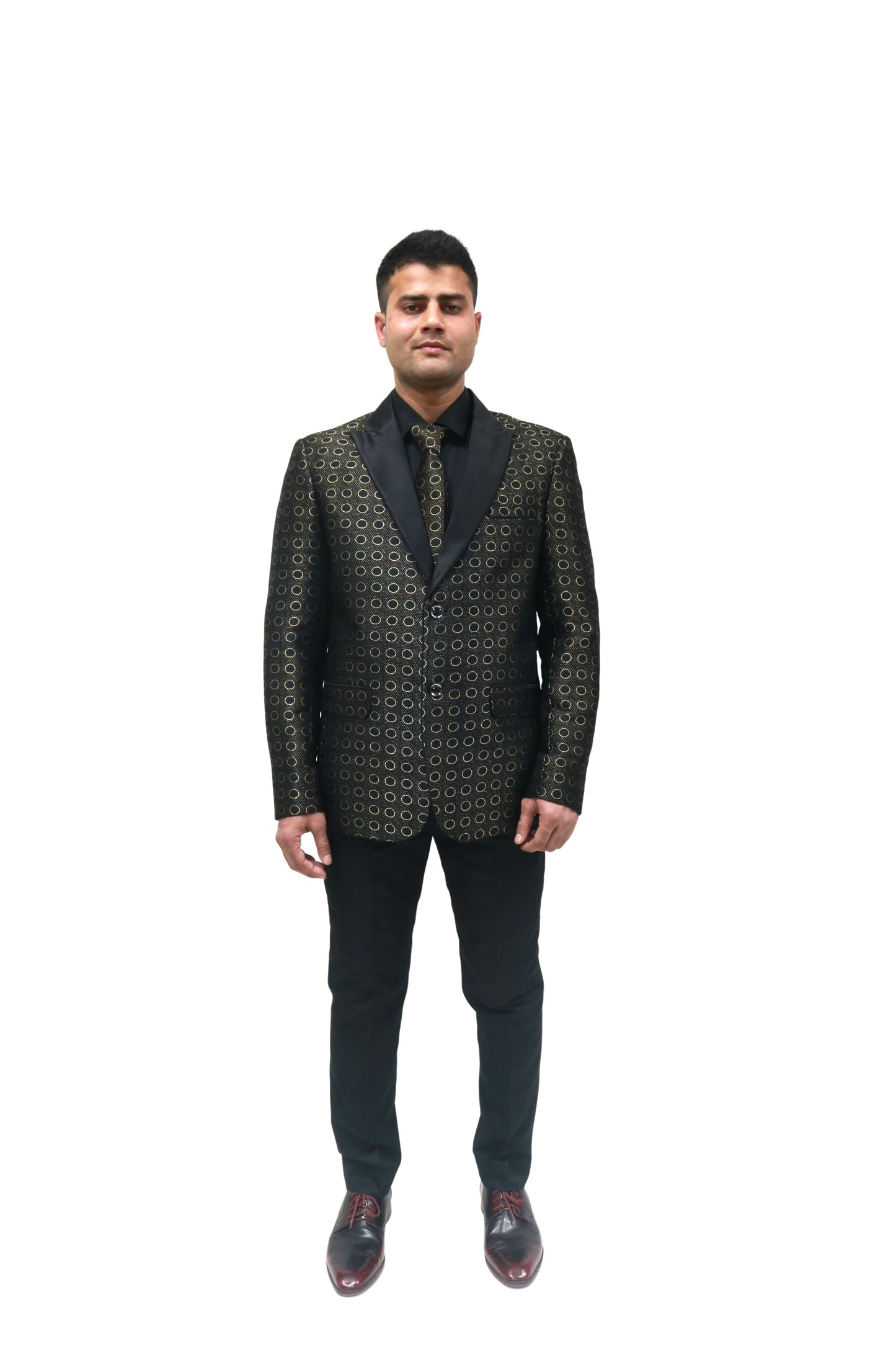 Men's Black & Gold Printed Tuxedo with Satin Lapels - Party Wear Suit