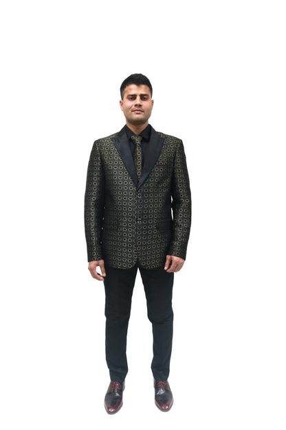 Men's Black & Gold Printed Tuxedo with Satin Lapels - Party Wear Suit