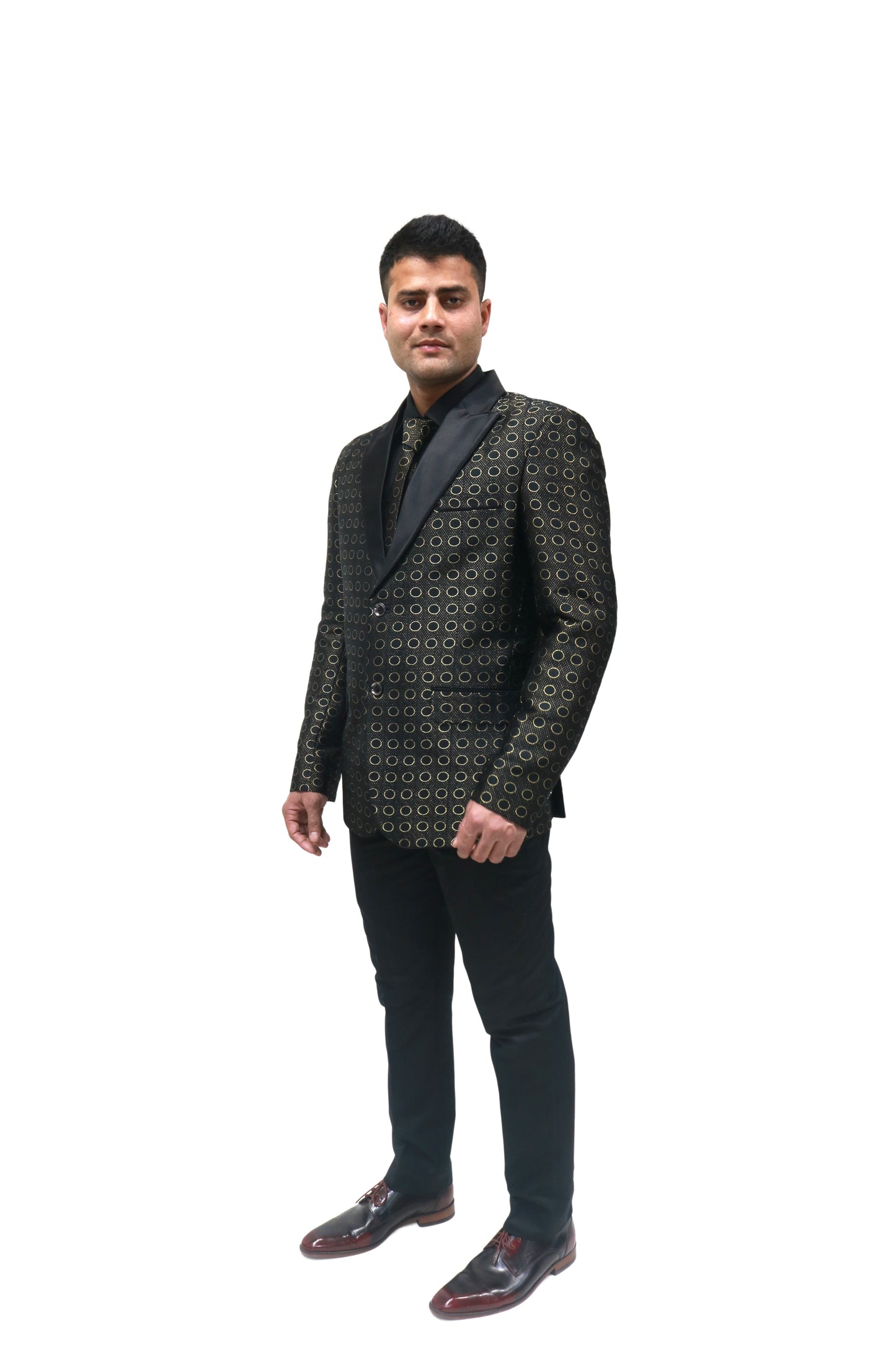 Men's Black & Gold Printed Tuxedo with Satin Lapels - Party Wear Suit