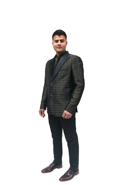 Men's Black & Gold Printed Tuxedo with Satin Lapels - Party Wear Suit