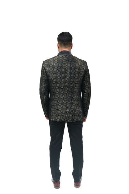 Men's Black & Gold Printed Tuxedo with Satin Lapels - Party Wear Suit