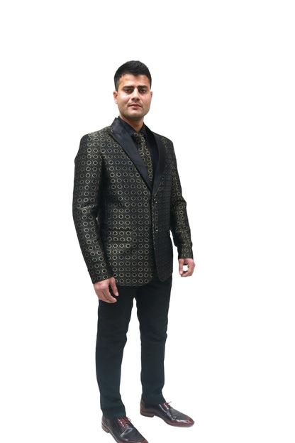 Men's Black & Gold Printed Tuxedo with Satin Lapels - Party Wear Suit