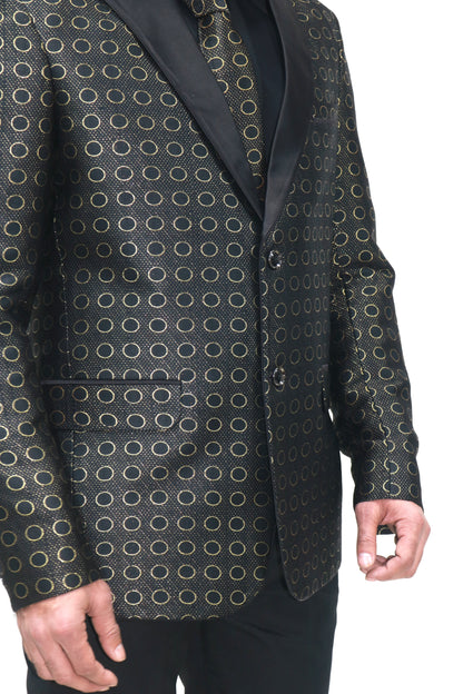 Men's Black & Gold Printed Tuxedo with Satin Lapels - Party Wear Suit