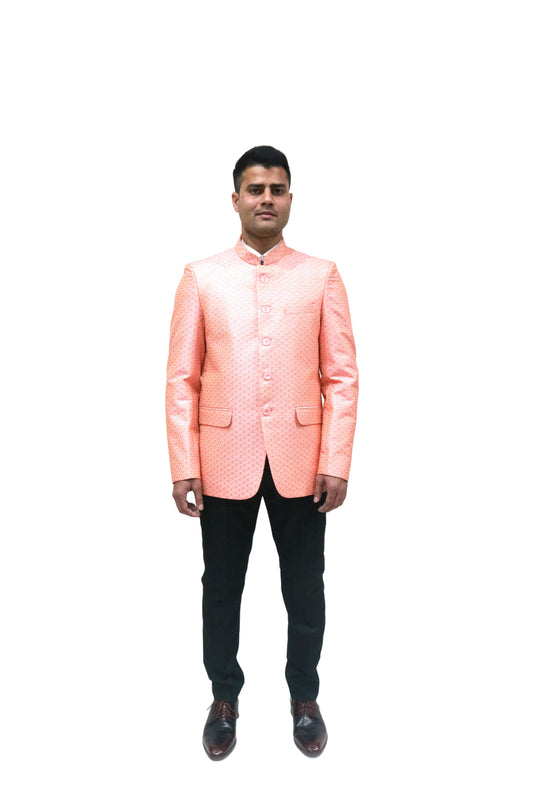 Men's Banarasi Rayon Cotton Pink Bandhgala - Traditional Indian Wedding Wear