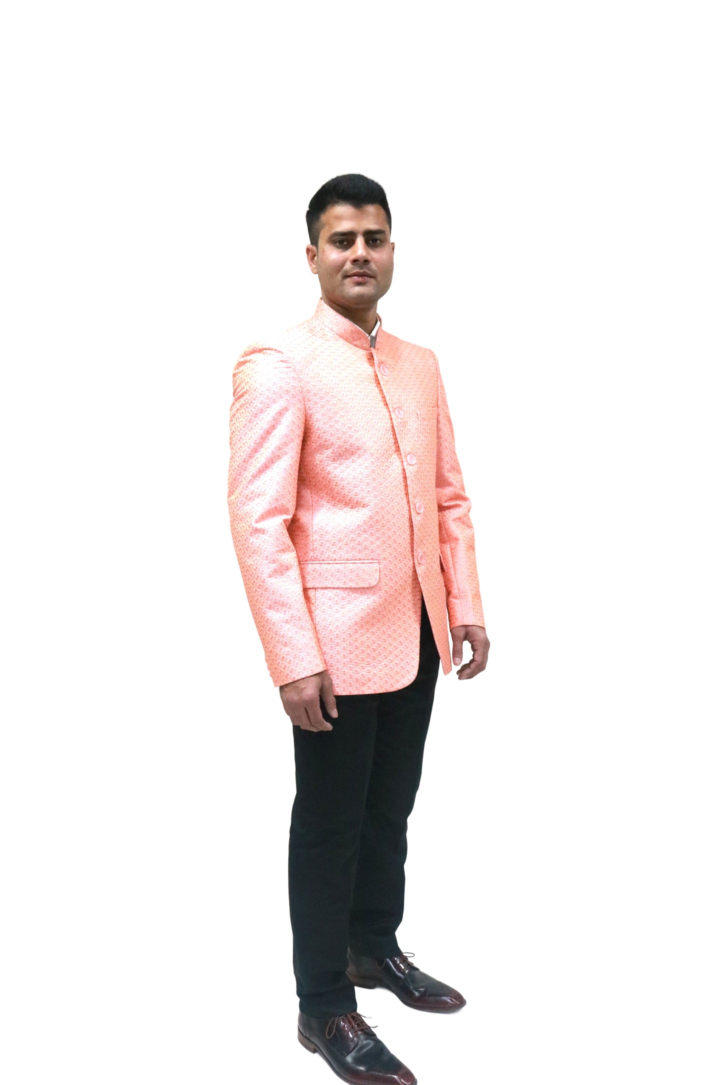 Men's Banarasi Rayon Cotton Pink Bandhgala - Traditional Indian Wedding Wear