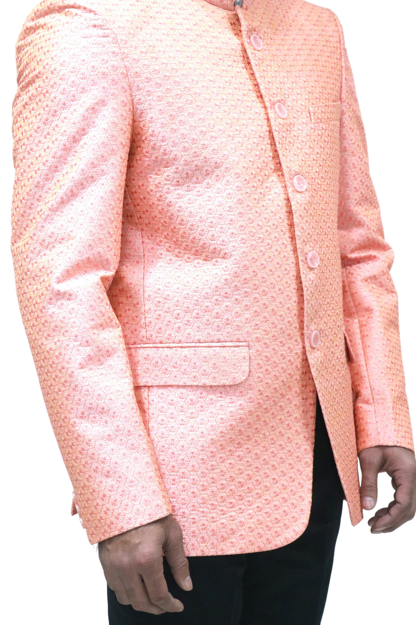 Men's Banarasi Rayon Cotton Pink Bandhgala - Traditional Indian Wedding Wear