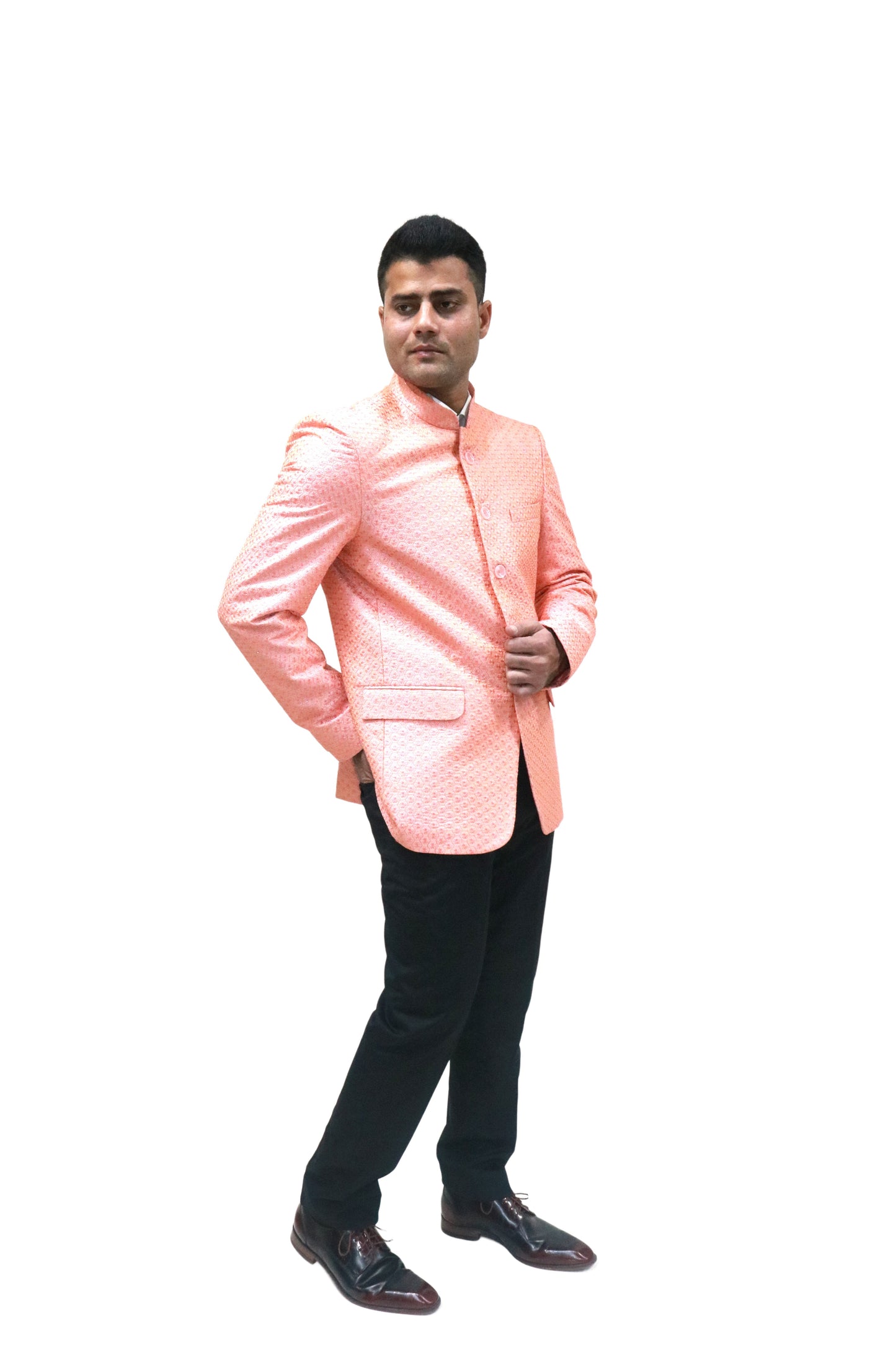 Men's Banarasi Rayon Cotton Pink Bandhgala - Traditional Indian Wedding Wear