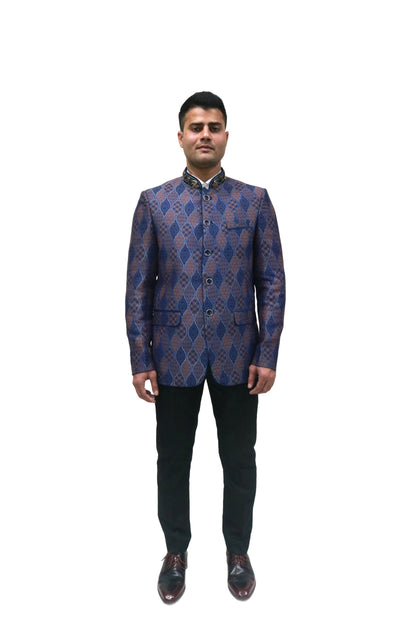 Handmade Men's Black, brown and blue Jacquard Silk Jacket and black trouser combo Perfect for wedding Occasion or Party wear